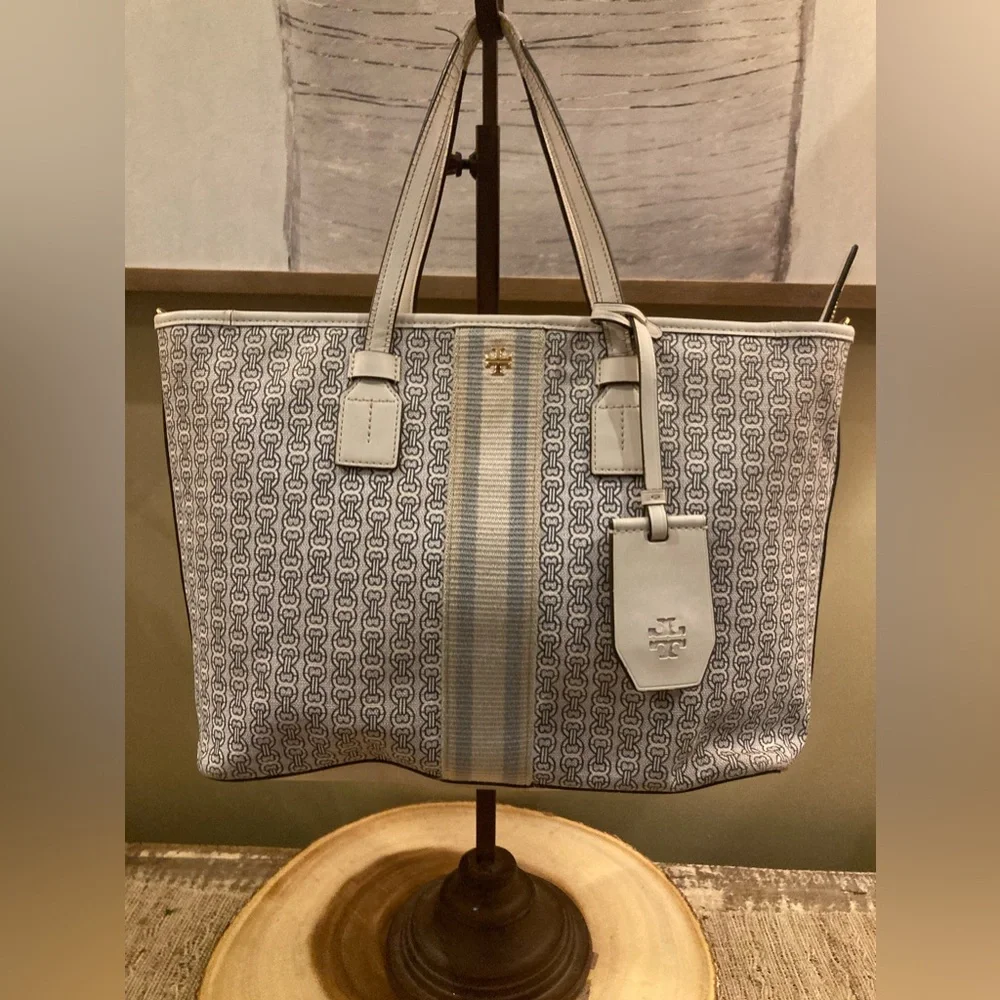 Tory Burch Gemini Link Coated Canvas White Leather Tote Bag Crossbody Strap - Picture 2 of 10